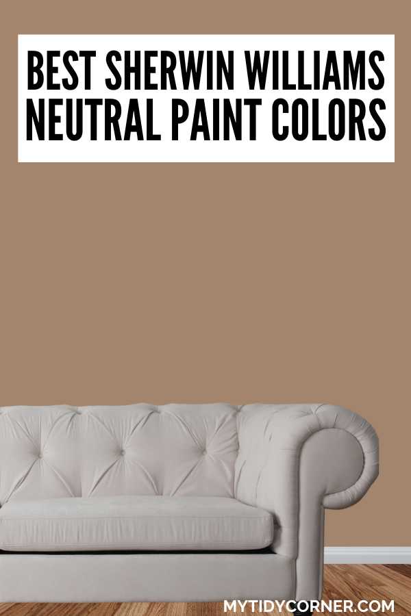 White sofa, mocha brown wall and text overlay that says, "Best Sherwin Williams neutral paint colors".