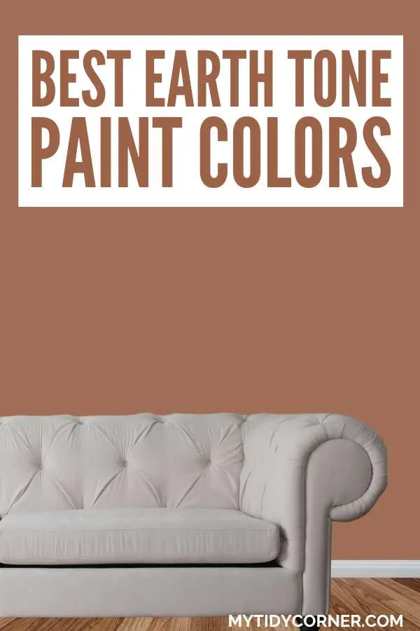Discover the best earth tone paint colors to bring warmth and nature-inspired beauty to your home. Perfect for any space, from living rooms to bedrooms. Here are the top earth tone paint colors by popular brands such as Sherwin-Williams, Behr and Benjamin Moore. Explore our top list of the best earthy paint colors for a peaceful, balanced home. From muted browns to soft greens, find your perfect shade. You will love these earth tone paint color ideas. Off white sofa and earthy wall background and text overlay that says, "Best earth tone paint colors".