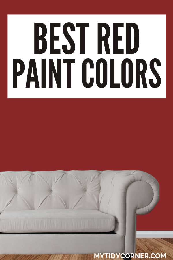 Off white couch, red background and text overlay that says, "Best red paint colors".