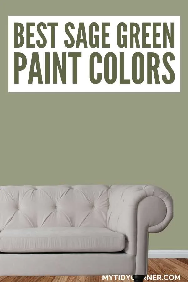 Looking for the best sage green paint to refresh your home? Find the perfect sage green paint colors for your next home painting project. Explore the top sage green paint colors to create a calming, earthy feel in your home. Perfect for bedrooms, living rooms, and kitchens! You will love these sage paint color ideas. Discover the top sage green shades from popular brands like Sherwin Williams, Behr and Benjamin Moore. Beige couch, green wall and text overlay that says, "Best sage green paint colors".