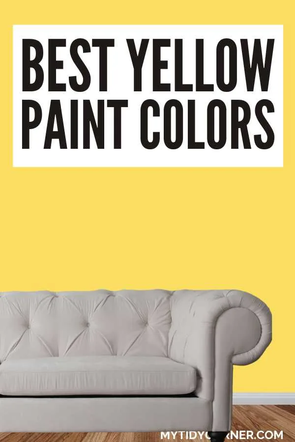 Beige couch, yellow background and text overlay that says, "Best yellow paint colors".