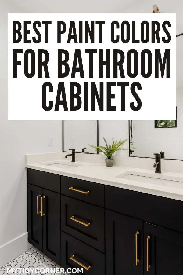 Bathroom with a black cabinet and text overlay that says, "Best paint colors for bathroom cabinets".