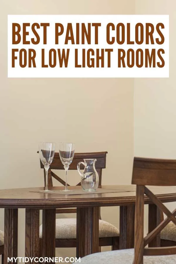 Dining room with beige walls and text overlay that says, "Best paint colors for low light rooms".