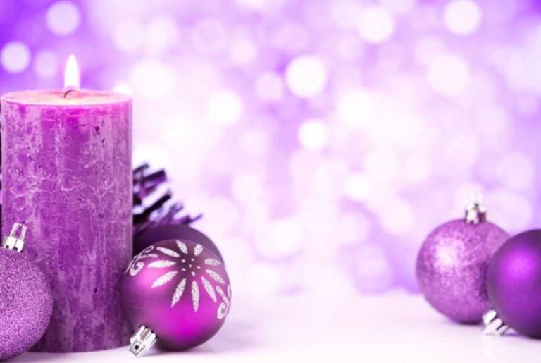 Purple ornaments and candle - Featured image for "Purple Christmas decor ideas" blog post.
