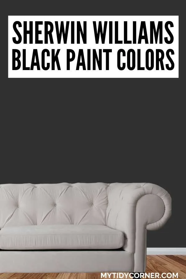 Black wall, beige couch and text overlay that says, "Sherwin Williams black paint colors.