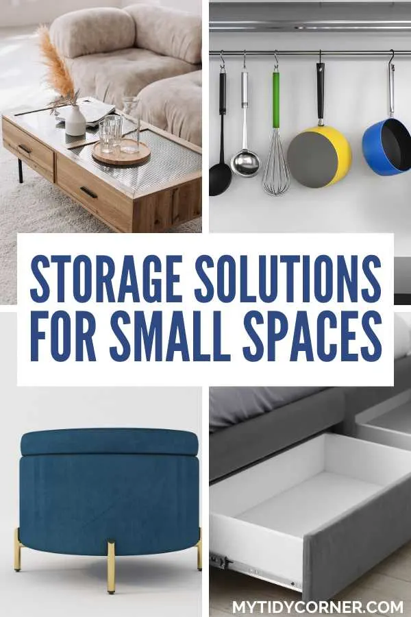 A collage showcasing various storage solutions for small spaces, including a coffee table with drawers, wall-mounted kitchen utensils, a round ottoman with storage, and an under-bed drawer.