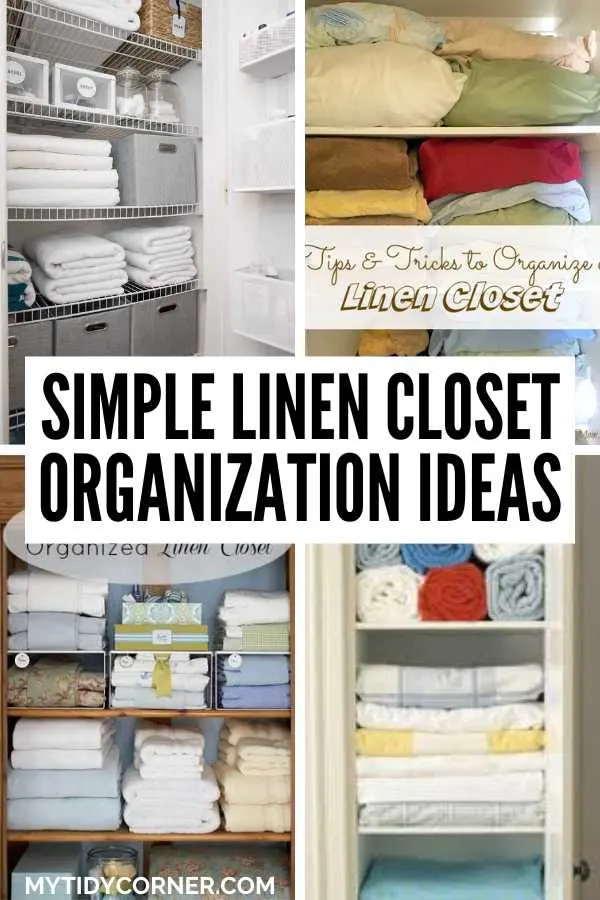 Struggling with a messy linen closet? Discover genius linen organization ideas and storage hacks to turn your chaos into calm! These simple tips make a big impact. Say goodbye to clutter! These linen closet organization tips will help you maximize space, stay organized, and create a beautiful storage area. A collage of linen closets and text overlay that says. "Simple linen organization ideas".