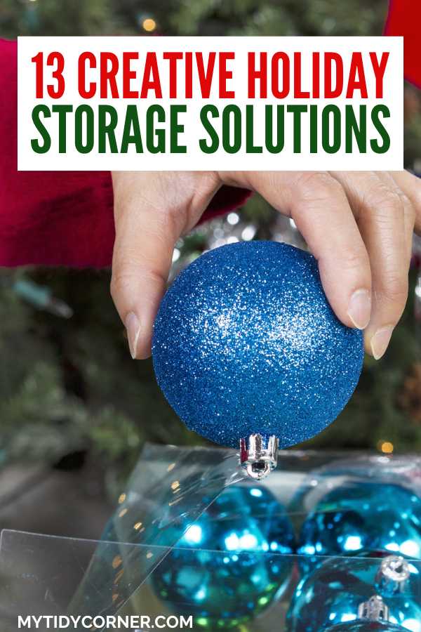 A woman putting away Christmas ornaments and text overlay that says, "Holiday storage solutions".