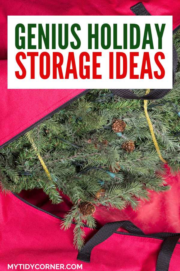 Artificial Christmas tree in a red tree bag and text overlay that says, "Holiday storage ideas".